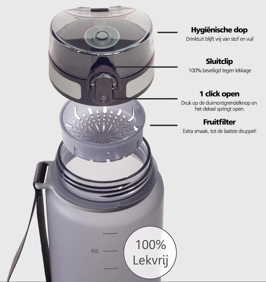 Swilix ® Drinkfles - 1 Liter - Drinkfles Met Tijdmarkering - Grijs 12 Swilix ® Drinkfles - 1 Liter - Drinkfles Met Tijdmarkering - Grijs - Afbeelding 10