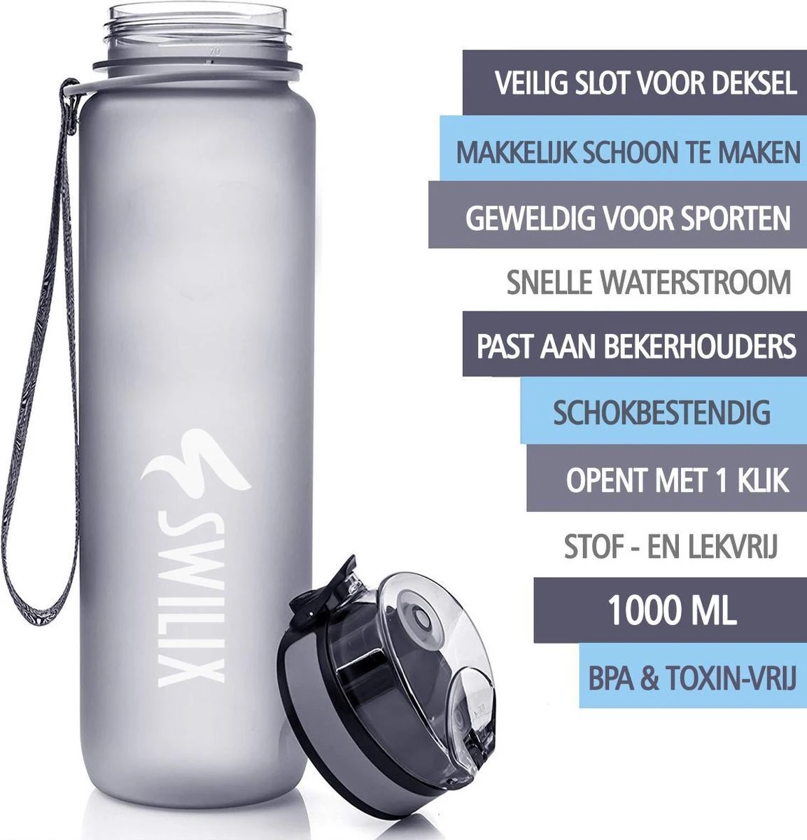 Swilix ® Drinkfles - 1 Liter - Drinkfles Met Tijdmarkering - Grijs 4 Swilix ® Drinkfles - 1 Liter - Drinkfles Met Tijdmarkering - Grijs - Afbeelding 2