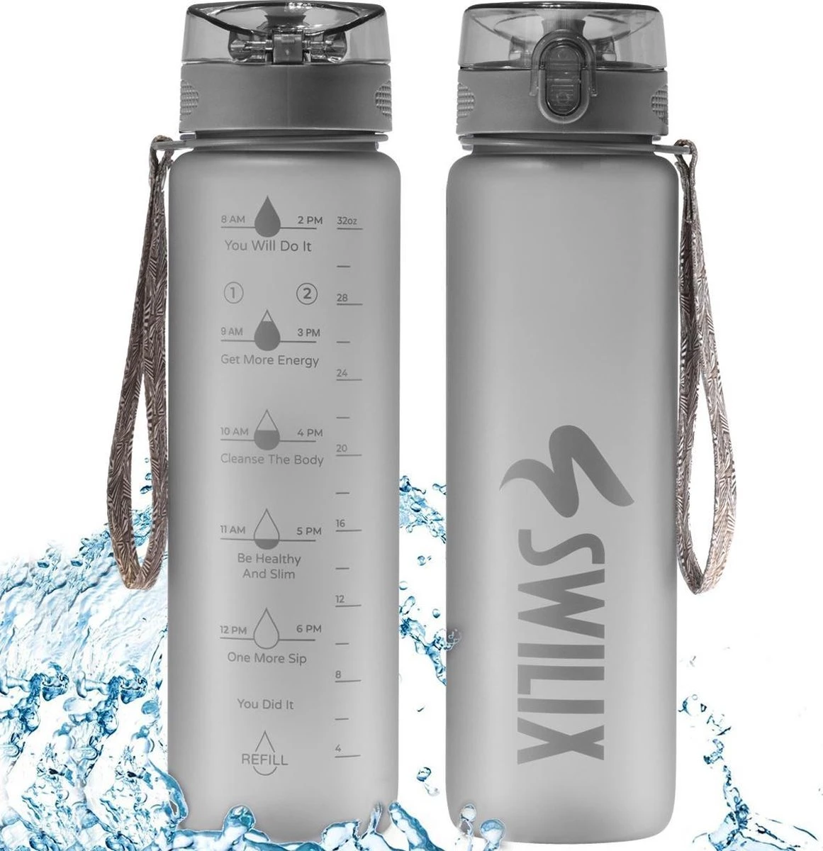 Swilix ® Drinkfles - 1 Liter - Drinkfles Met Tijdmarkering - Grijs 3 Swilix ® Drinkfles - 1 Liter - Drinkfles Met Tijdmarkering - Grijs