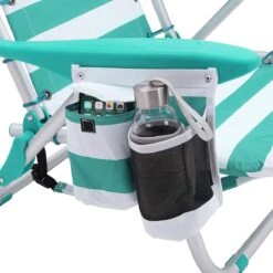 Strandstoel Met Afneembare Hoofdsteun, Draagbare Klapstoel, Campingstoel, Rugleuning Tot 180° Verstelbaar, Met Bekerhouder En Zijvak, Groene En Witte Strepen GCB62JW -Gardena Winkel 1199x1200