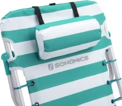 Strandstoel Met Afneembare Hoofdsteun, Draagbare Klapstoel, Campingstoel, Rugleuning Tot 180° Verstelbaar, Met Bekerhouder En Zijvak, Groene En Witte Strepen GCB62JW -Gardena Winkel 1200x1038