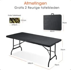 Lenx Klaptafel - Inklapbare Tafel - Opvouwbare Tuintafel - Vouwtafel - Inclusief Handvat En 2 Tafelkleden - 180x75x74cm - 6 Tot 8 Personen -Gardena Winkel 1200x1179 2