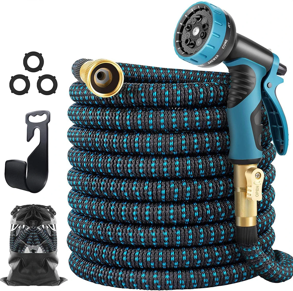 Strex Flexibele Tuinslang 15M Met Sproeikop - Uitrekbaar - Incl. Koppelingen, Ophanghaak & Opbergzak 3 Strex Flexibele Tuinslang 15M Met Sproeikop - Uitrekbaar - Incl. Koppelingen, Ophanghaak & Opbergzak