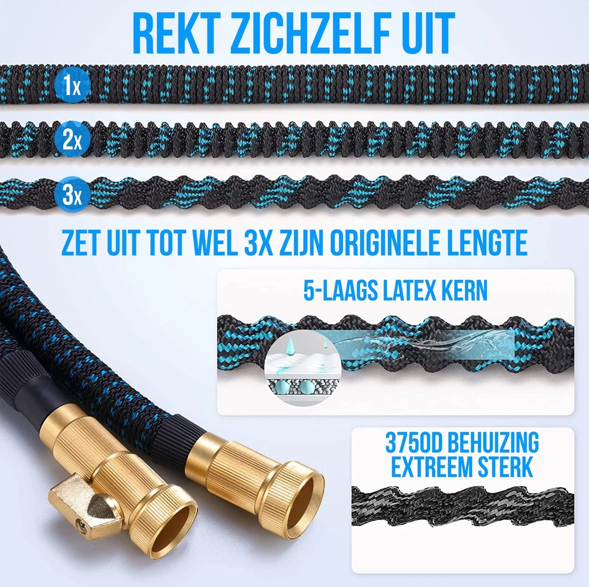 Strex Flexibele Tuinslang 15M Met Sproeikop - Uitrekbaar - Incl. Koppelingen, Ophanghaak & Opbergzak 5 Strex Flexibele Tuinslang 15M Met Sproeikop - Uitrekbaar - Incl. Koppelingen, Ophanghaak & Opbergzak - Afbeelding 3