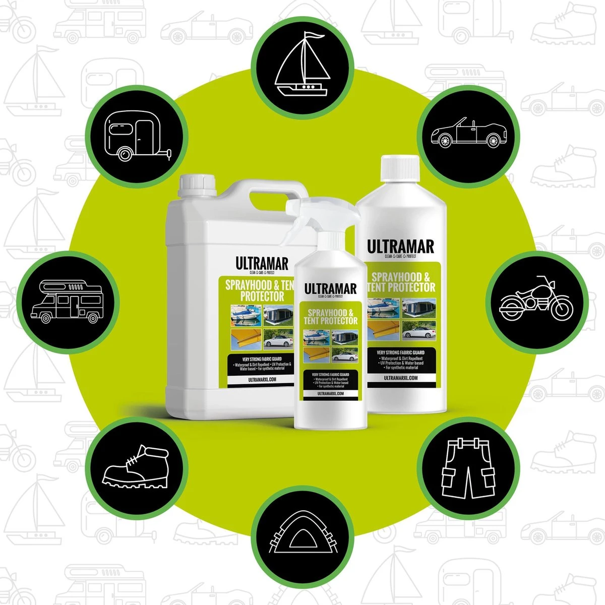 Ultramar - Sprayhood & Tent Protector 1L - Impregneermiddel Voor Bootkap, Tent, Cabriodak - Maakt Waterdicht En Geeft Extra Bescherming 4 Ultramar - Sprayhood & Tent Protector 1L - Impregneermiddel Voor Bootkap, Tent, Cabriodak - Maakt Waterdicht En Geeft Extra Bescherming - Afbeelding 2