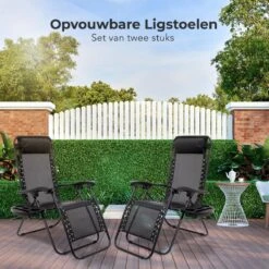 LifeGoods Opvouwbare Tuinstoelen - Verstelbaar Zonnescherm - 2 Stuks - 30°-90° Verstelbaar - Metaal - Zwart -Gardena Winkel 1200x1200 480