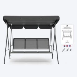 LifeGoods Schommelbank - 3-zits - Tot 250KG - Kantelbaar Dak - UV-bestendig Zonnescherm - 172x104x162cm - Grijs -Gardena Winkel 1200x1200 595