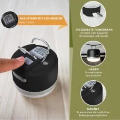 Skandika Campinglamp Tarfala – Tentlampen – Campinglampen – Kampeerlamp – Tentlamp Oplaadbaar, Traploos Dimbaar, Ophanghaak, USB Aansluiting – 3600 MAh Powerbank – Warm Wit, Koel Wit, 110 H Batterij – Tentlamp Buiten – Energieklasse A ++ - Zwart -Gardena Winkel 1200x1200 83